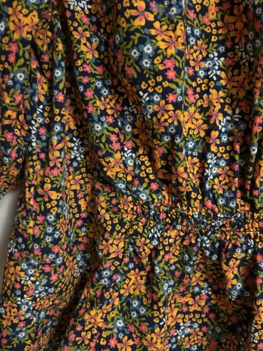Free People Blouse I Found You Floral Mustard Navy Print w/ Puff Sleeves Medium